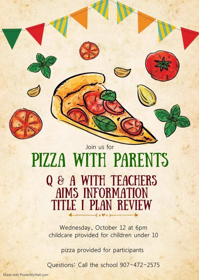 Pizza With Parents Q &A with teachers.  Aims Information and Title I Plan review